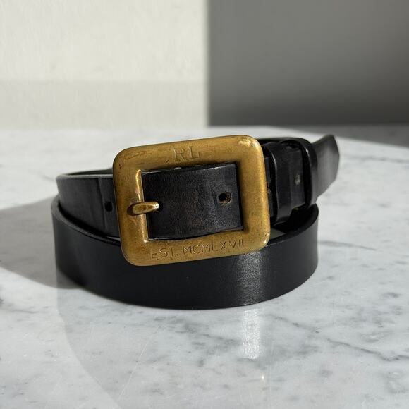 Ralph Lauren Black Leather Belt Brass Buckle Made in USA Size 30 Vintage - Picture 1 of 10